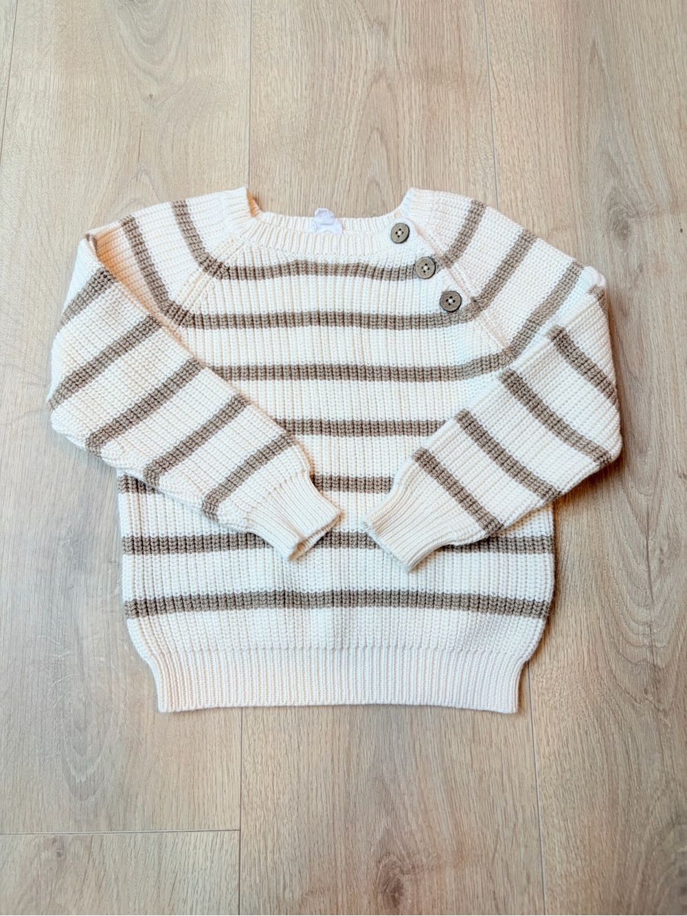 Striped Button-Shoulder Knit Sweater - Cream & Beige